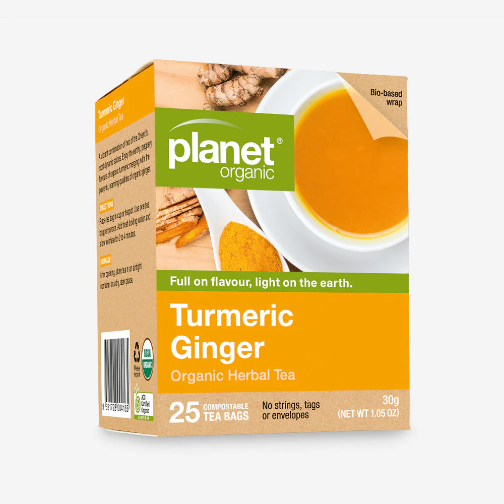 Planet Organic Certified Organic Herbal Tea 25 Tea Bags, Turmeric Ginger; Dynamic & Powerfully Warming