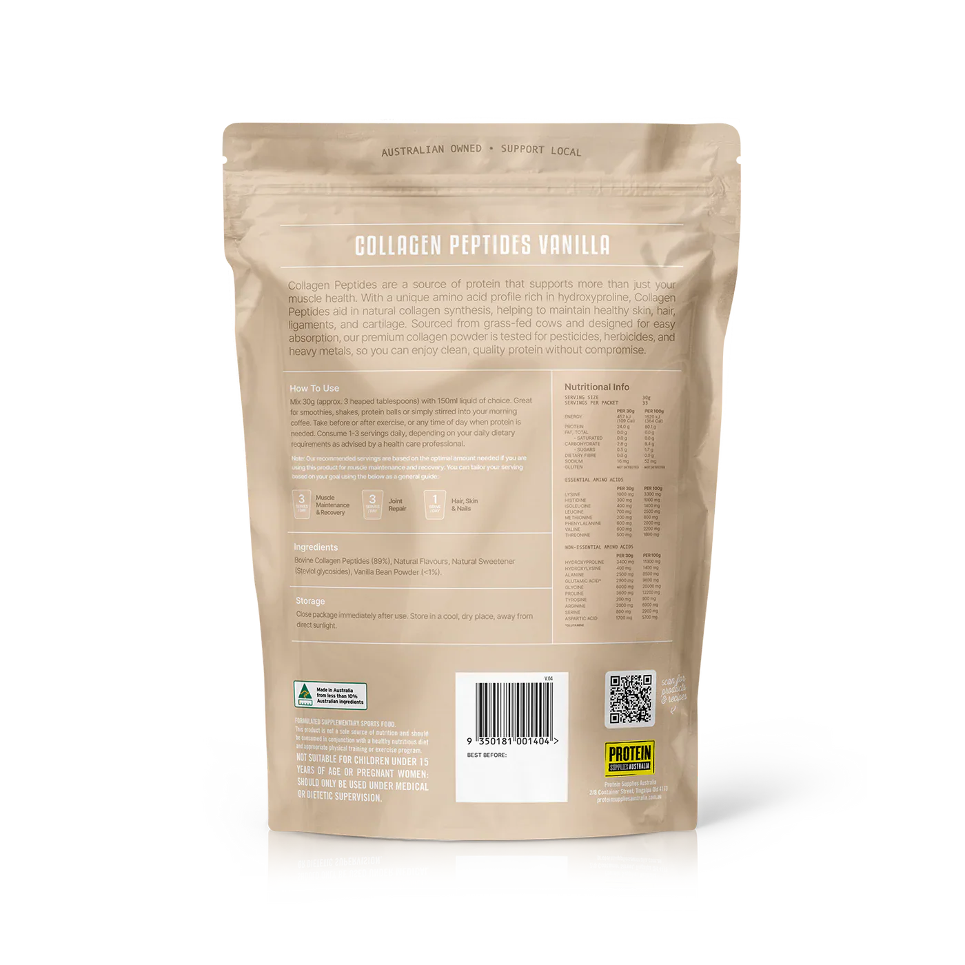 Protein Supplies Australia Grass Fed Collagen Peptides 500g Or 1Kg, Vanilla Flavour - Image 4