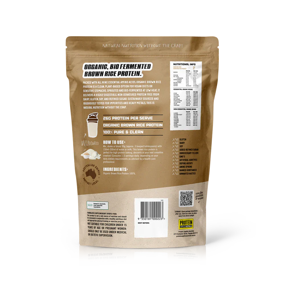Protein Supplies Australia Organic Brown Rice Protein Unflavoured 500g Or 1kg, Supports Muscle Recovery & Growth - Image 4