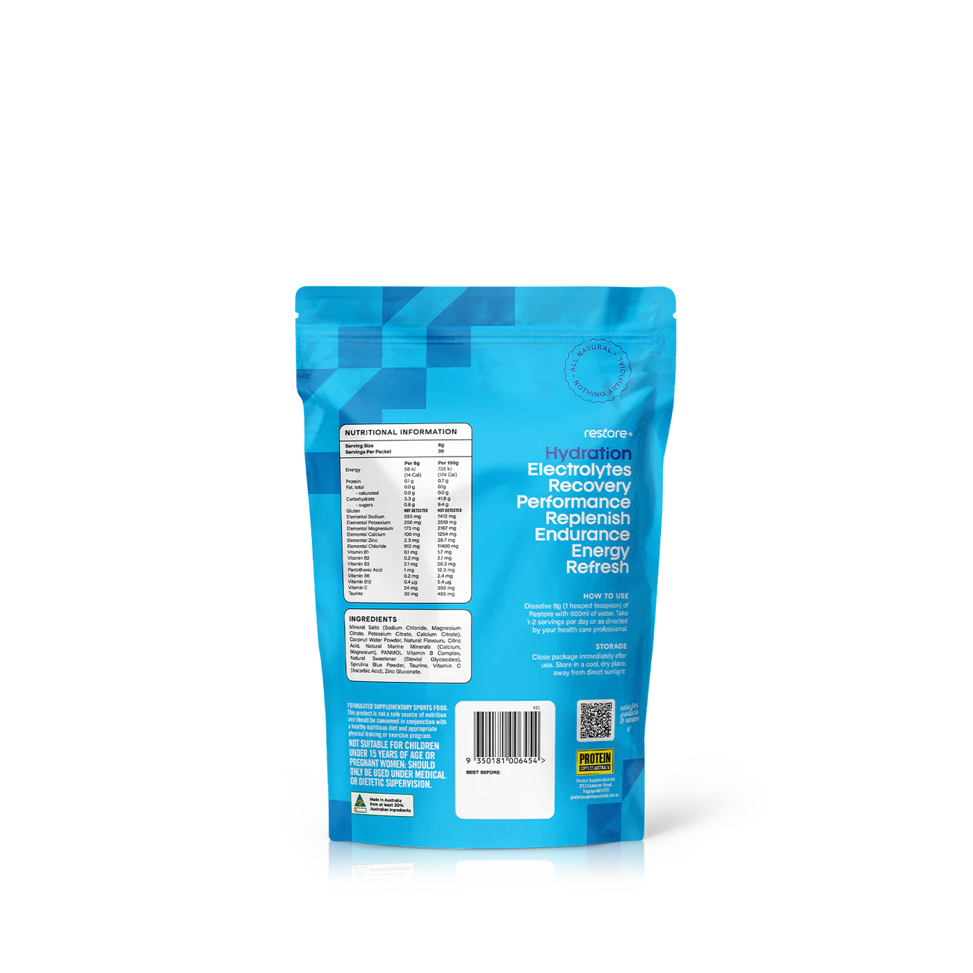 Protein Supplies Australia Restore Hydrating Electrolyte Drink Mix Blue Raspberry 240g, Rehydrate & Recover - Image 3