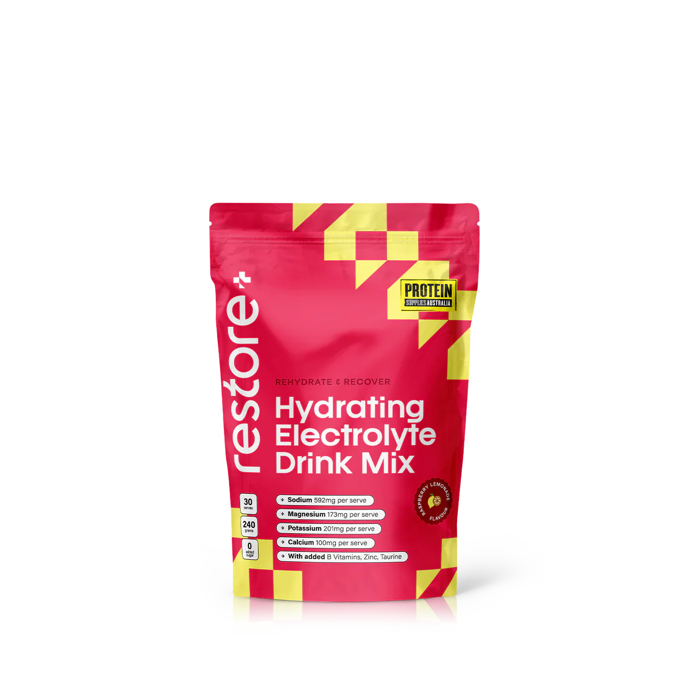 Protein Supplies Australia Restore Hydrating Electrolyte Drink Mix Raspberry Lemonade 240g, Rehydrate & Recover - Image 2