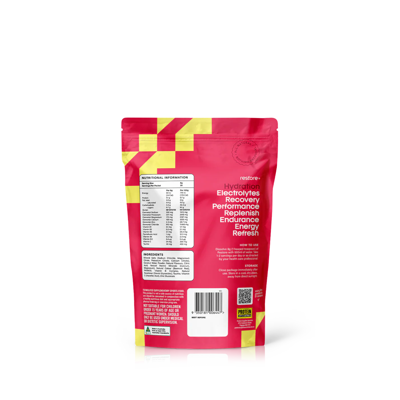 Protein Supplies Australia Restore Hydrating Electrolyte Drink Mix Raspberry Lemonade 240g, Rehydrate & Recover - Image 3