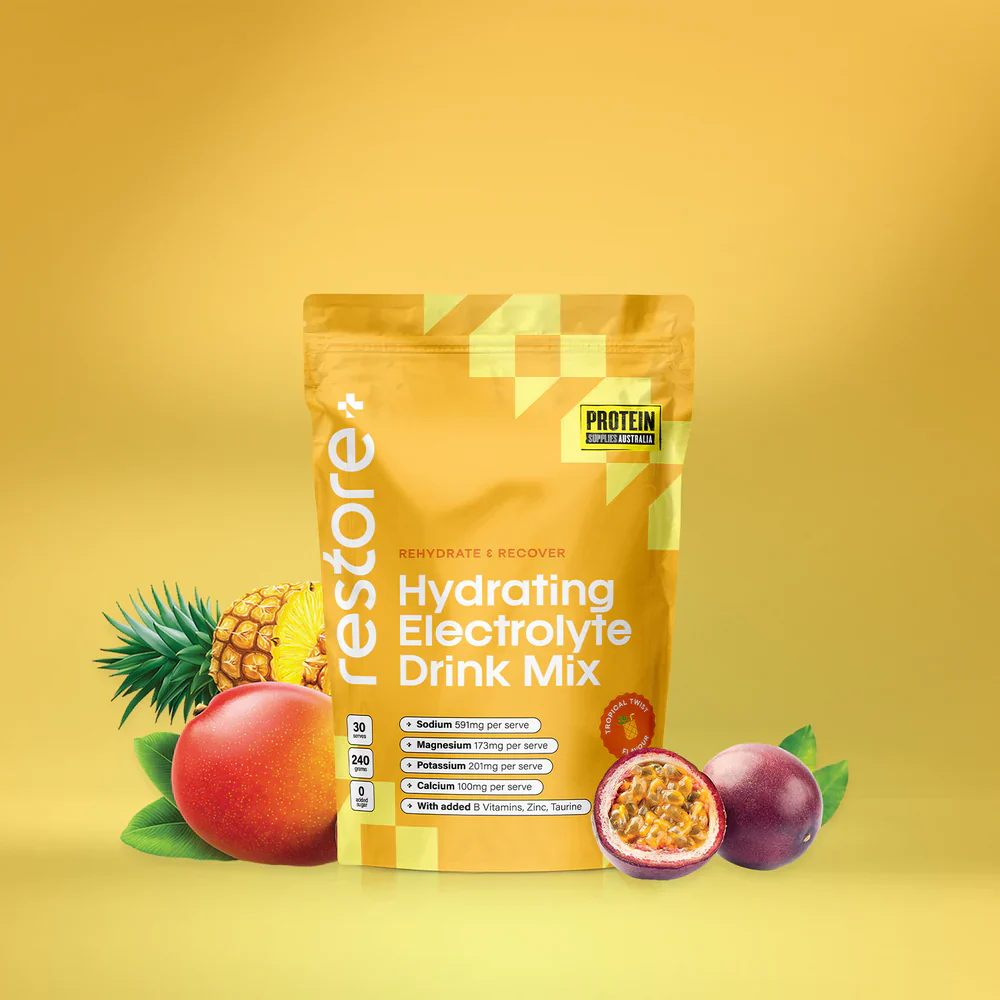 Protein Supplies Australia Restore Hydrating Electrolyte Drink Mix Tropical Twist 240g, Rehydrate & Recover