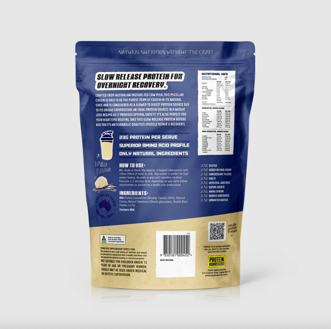 Protein Supplies Australia Micellar Casein Protein (Slow Release) 1Kg, Vanilla Flavour - Image 3
