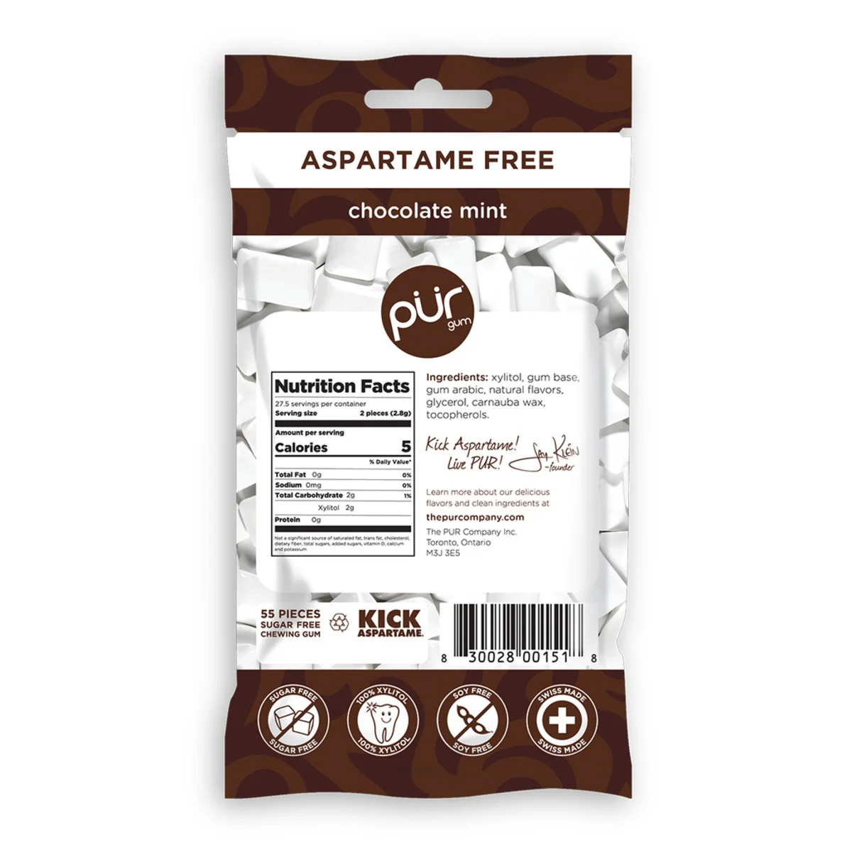 PUR Chocolate Mint Gum Single Bag 77g Or A Box Of 12, Aspartame Free & Gluten Free {Resealable Bag} - Image 3