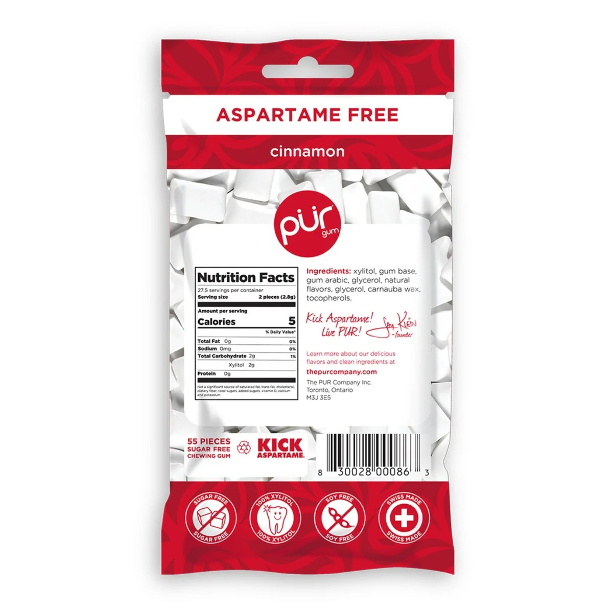 PUR Cinnamon Gum Single Bag 77g Or A Box Of 12, Aspartame Free & Gluten Free {Resealable Bag} - Image 3