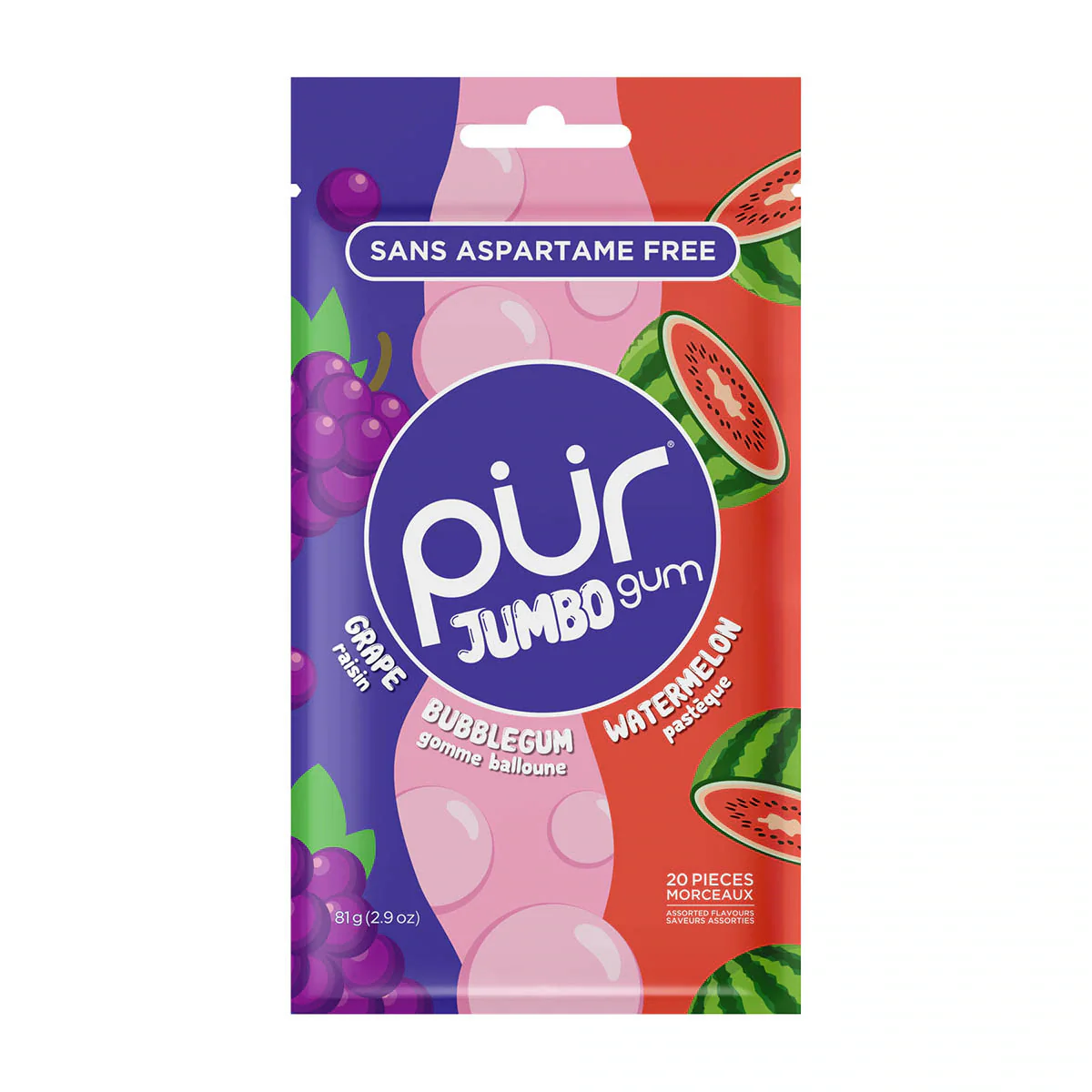 PUR Jumbo Gum Grape, Bubblegum & Watermelon Single Bag 81g Or A Box Of 10, Aspartame Free & Sugar Free {Resealable Bag}
