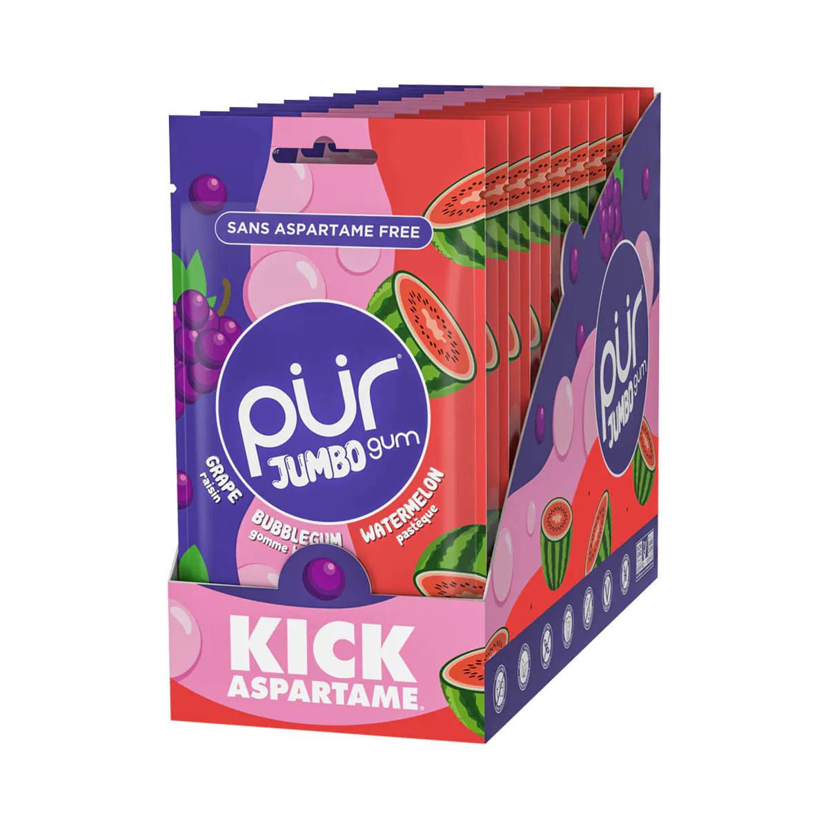 PUR Jumbo Gum Grape, Bubblegum & Watermelon Single Bag 81g Or A Box Of 10, Aspartame Free & Sugar Free {Resealable Bag} - Image 2