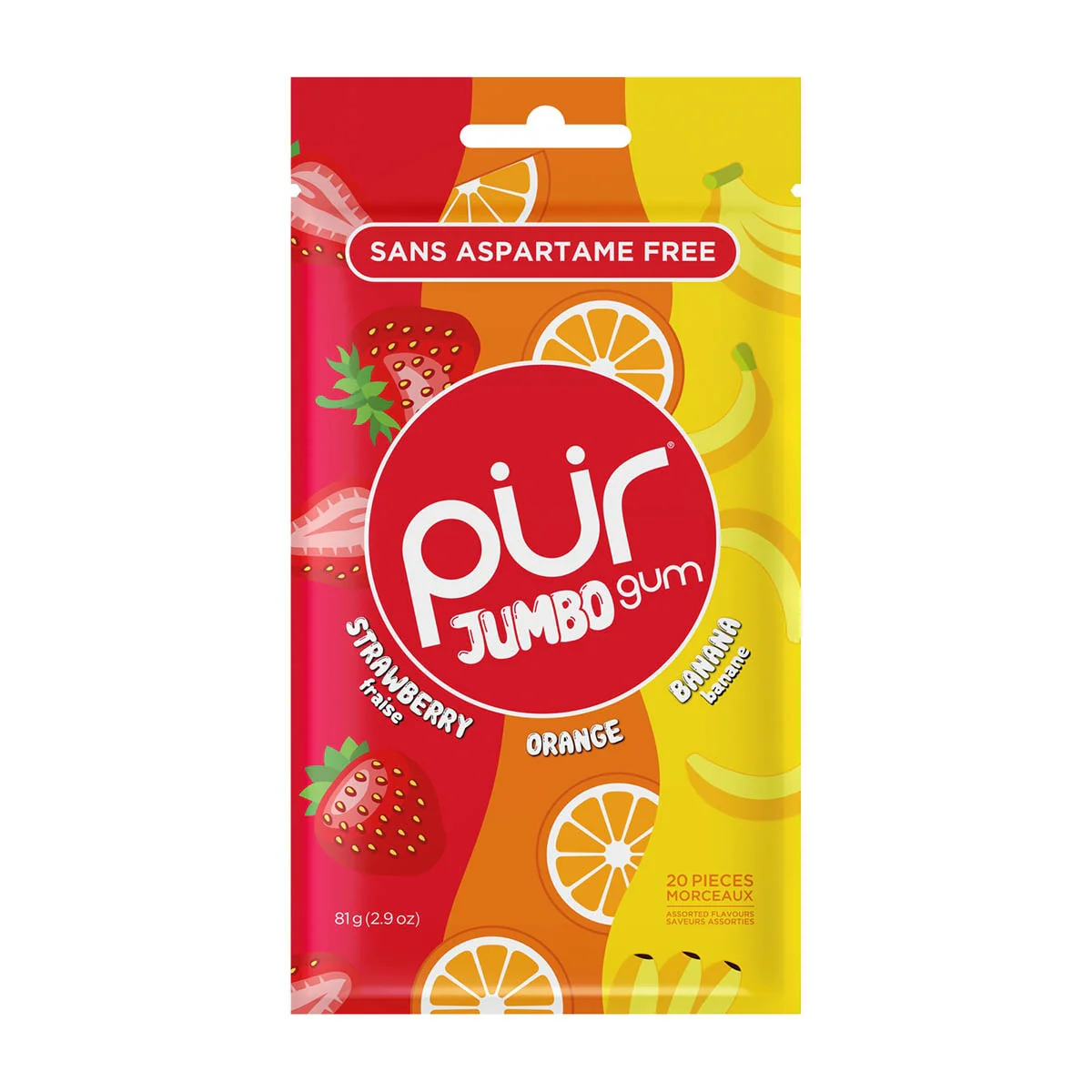 PUR Jumbo Gum Strawberry, Orange & Banana Single Bag 81g Or A Box Of 10, Aspartame Free & Sugar Free {Resealable Bag}