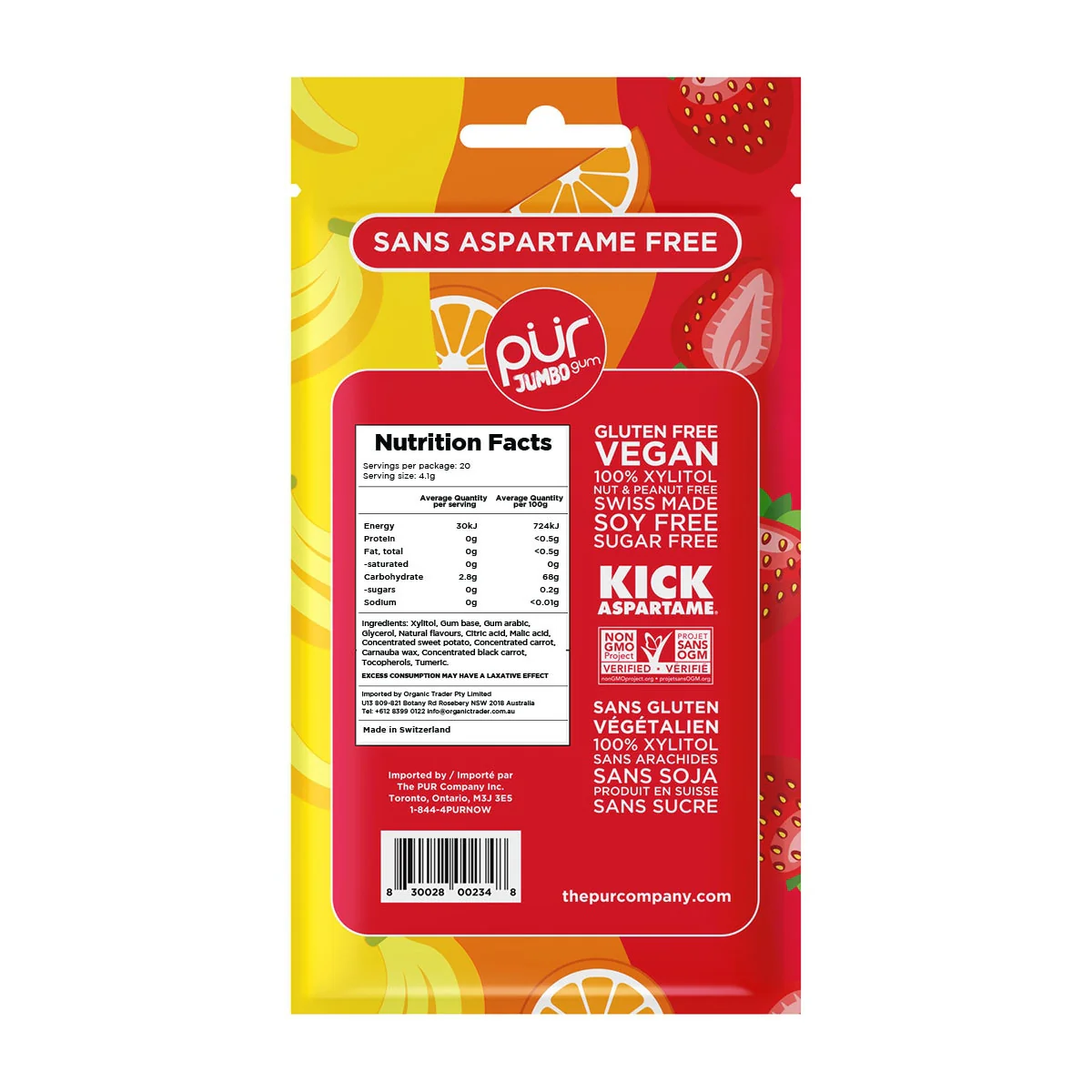 PUR Jumbo Gum Strawberry, Orange & Banana Single Bag 81g Or A Box Of 10, Aspartame Free & Sugar Free {Resealable Bag} - Image 3
