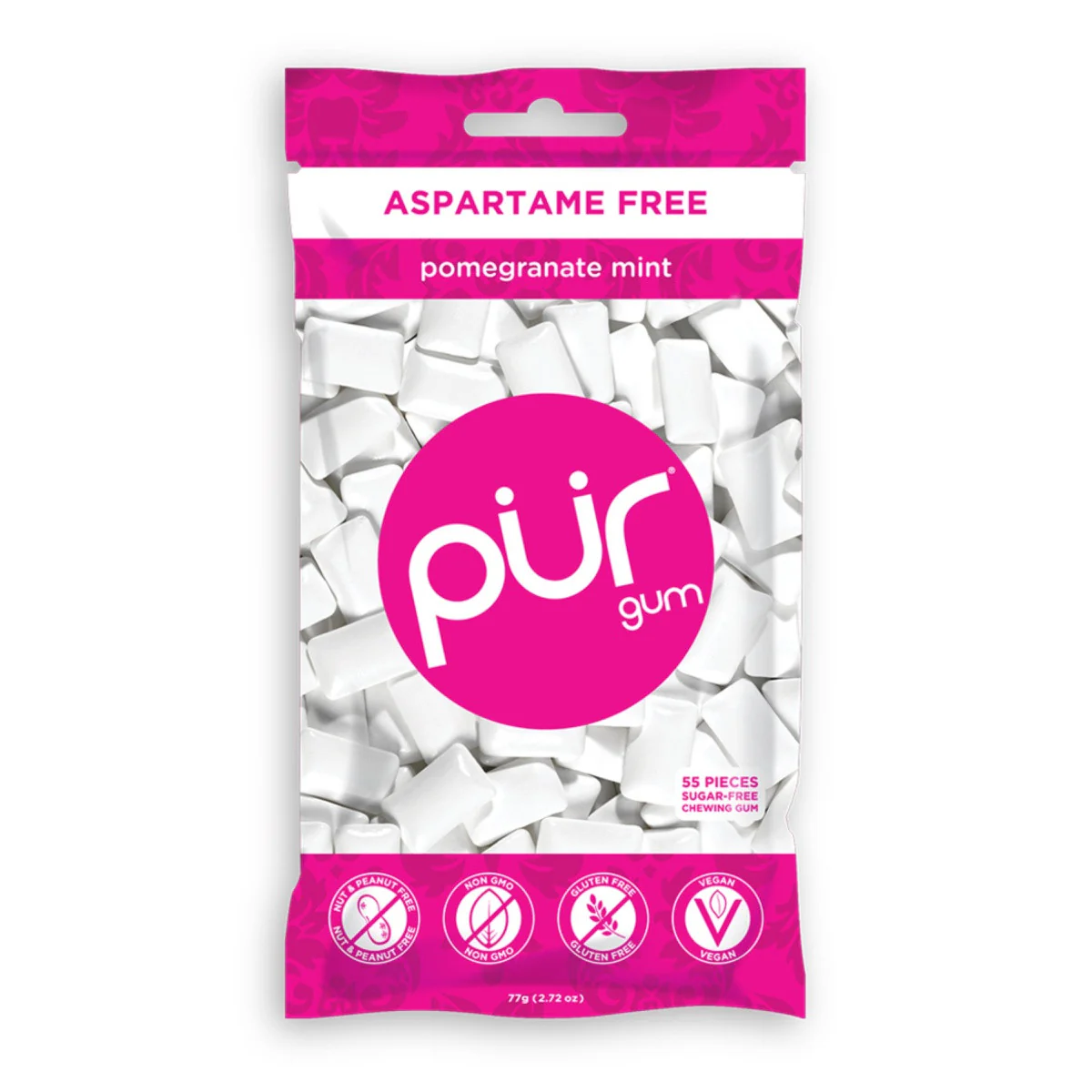 PUR Pomegranate Mint Gum Single Bag 77g Or A Box Of 12, Aspartame Free & Gluten Free {Resealable Bag}