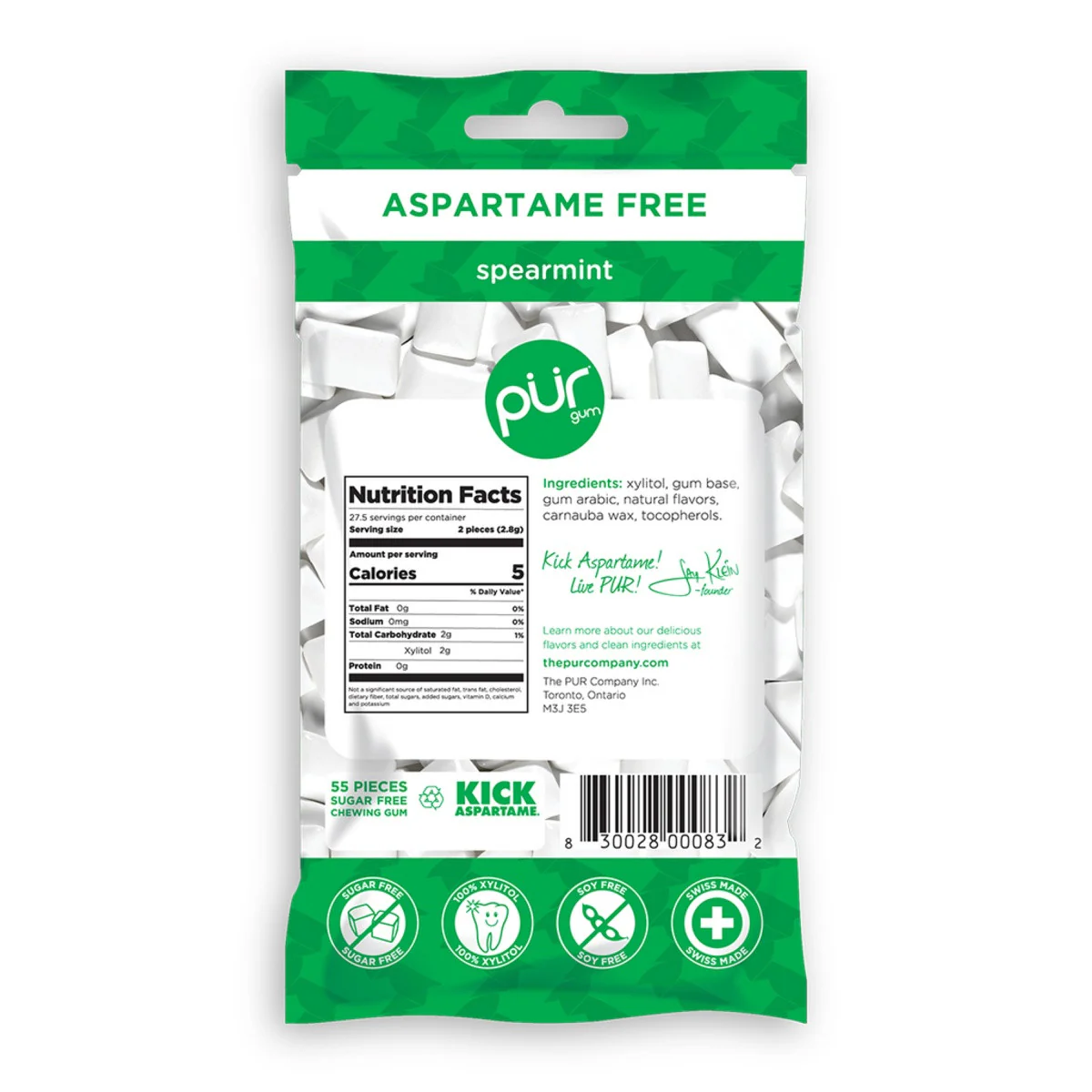 PUR Spearmint Gum Single Bag 77g Or A Box Of 12, Aspartame Free & Gluten Free {Resealable Bag} - Image 3