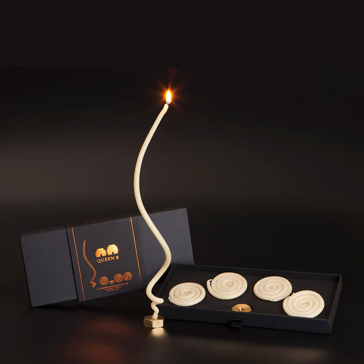 Queen B Pure Australian Beeswax Twisted Candles(4) With Brass Holder(1) - A Black Label Gift Box, +/- 4 Hours Burn Time