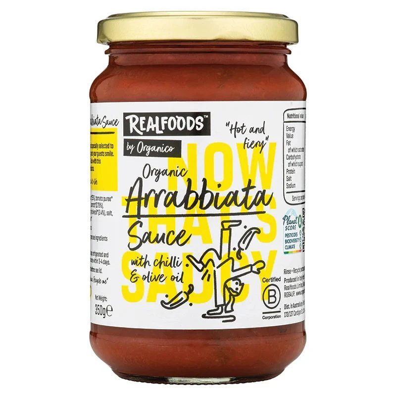 Real Foods By Organico Certified Organic Arrabbiata Sauce 350g, With Extra Virgin Olive Oil & Chilli