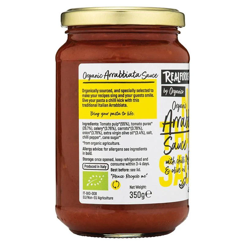 Real Foods By Organico Certified Organic Arrabbiata Sauce 350g, With Extra Virgin Olive Oil & Chilli - Image 2