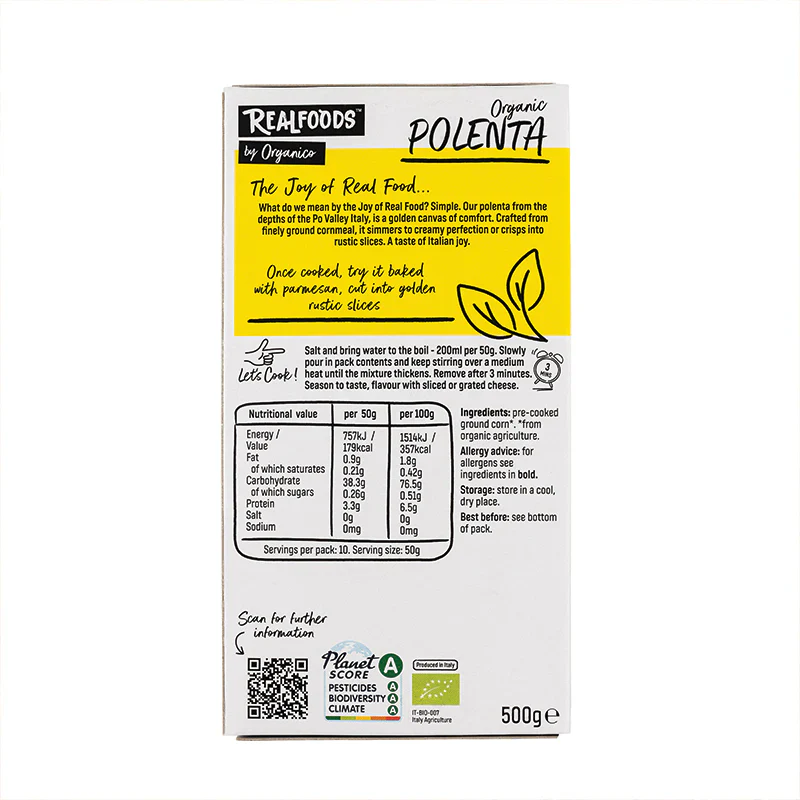 Real Foods By Organico Certified Organic Quick Cooking Polenta 500g, Traditionally Slow Stone Ground - Image 2