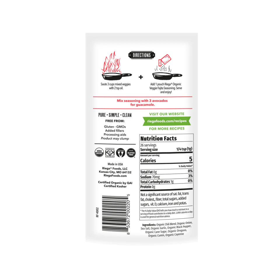 Riega Organic Tex-Mex Veggie Fajita Seasoning 25.5g, Classic & Delicious - Image 2