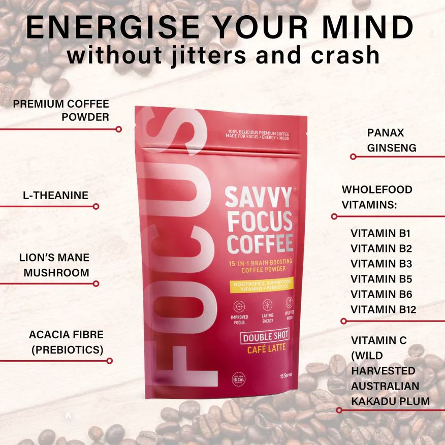 Savvy Focus Coffee 15 Serves, Double Shot Cafe Latte Flavour - Image 2