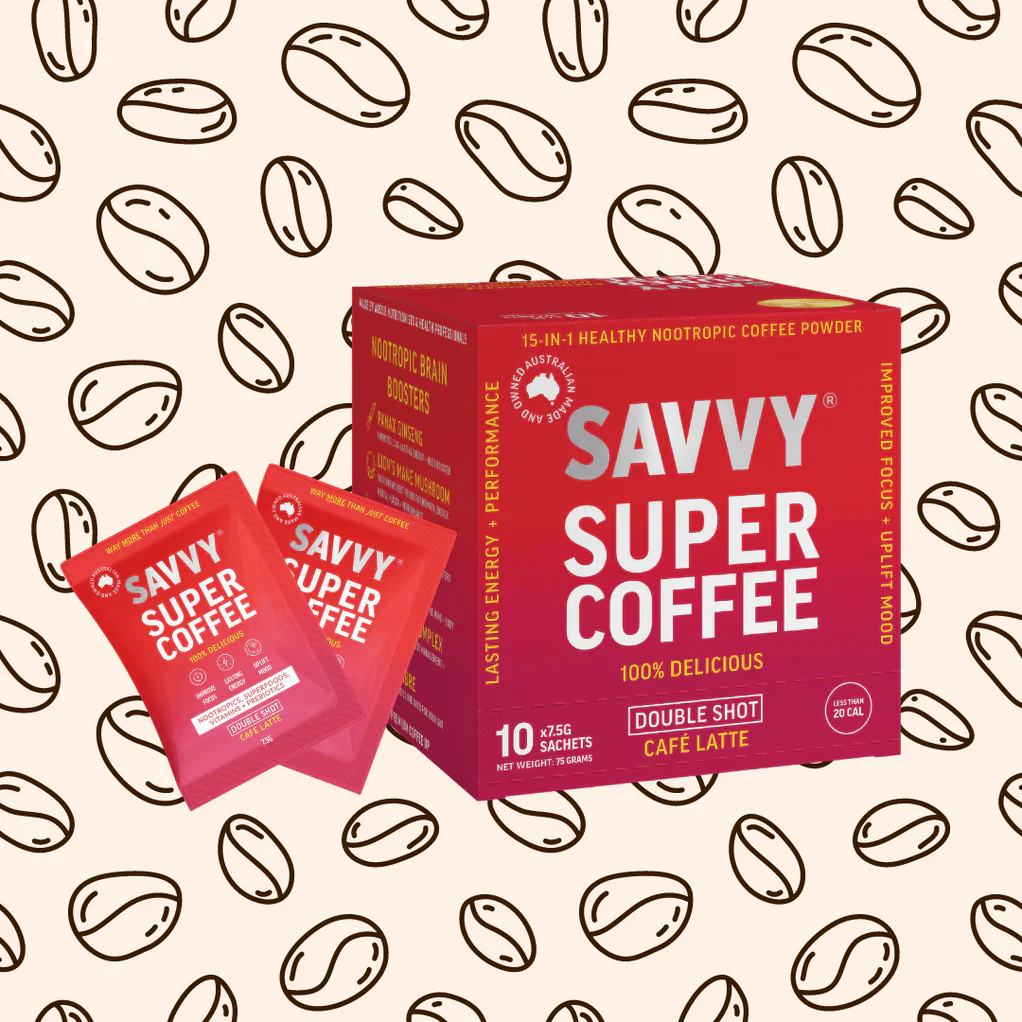 Savvy Super Coffee 10 Or 25 Serves {8g Per Serve}, Double Shot Cafe Latte Flavour