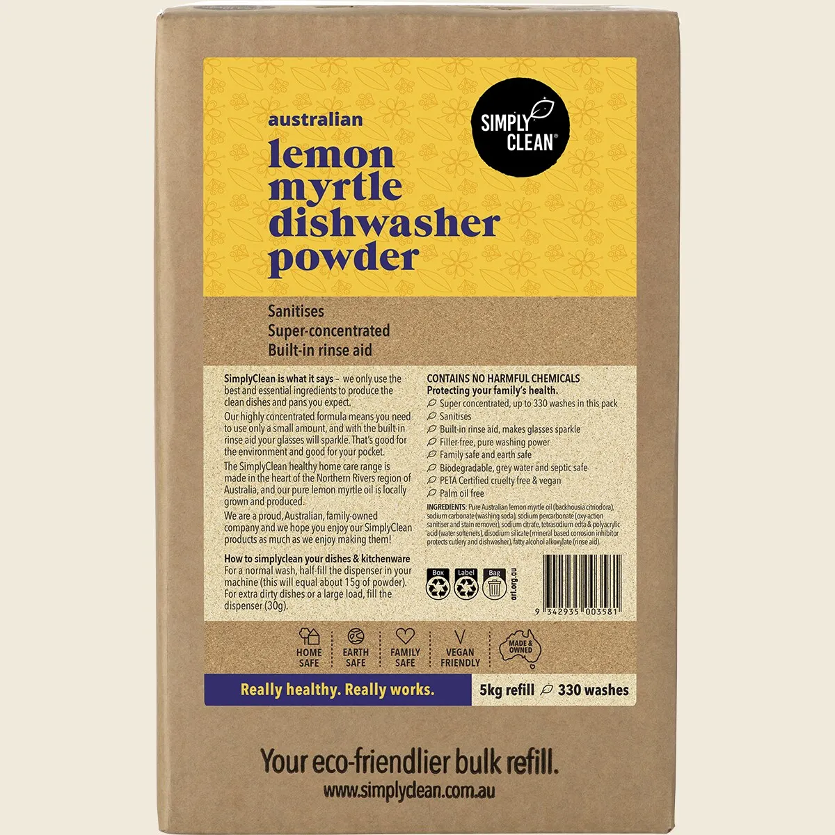 Simply Clean Dishwasher Powder Lemon Myrtle 1kg or 5kg, Naturally Superior Clean - Image 2