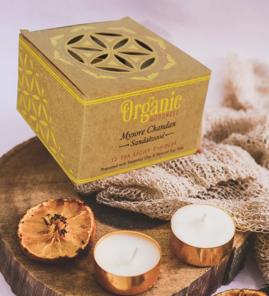Song of India Organic Goodness Mysore Chandan 12 Tealight Candles, Warm Sandalwood Calm
