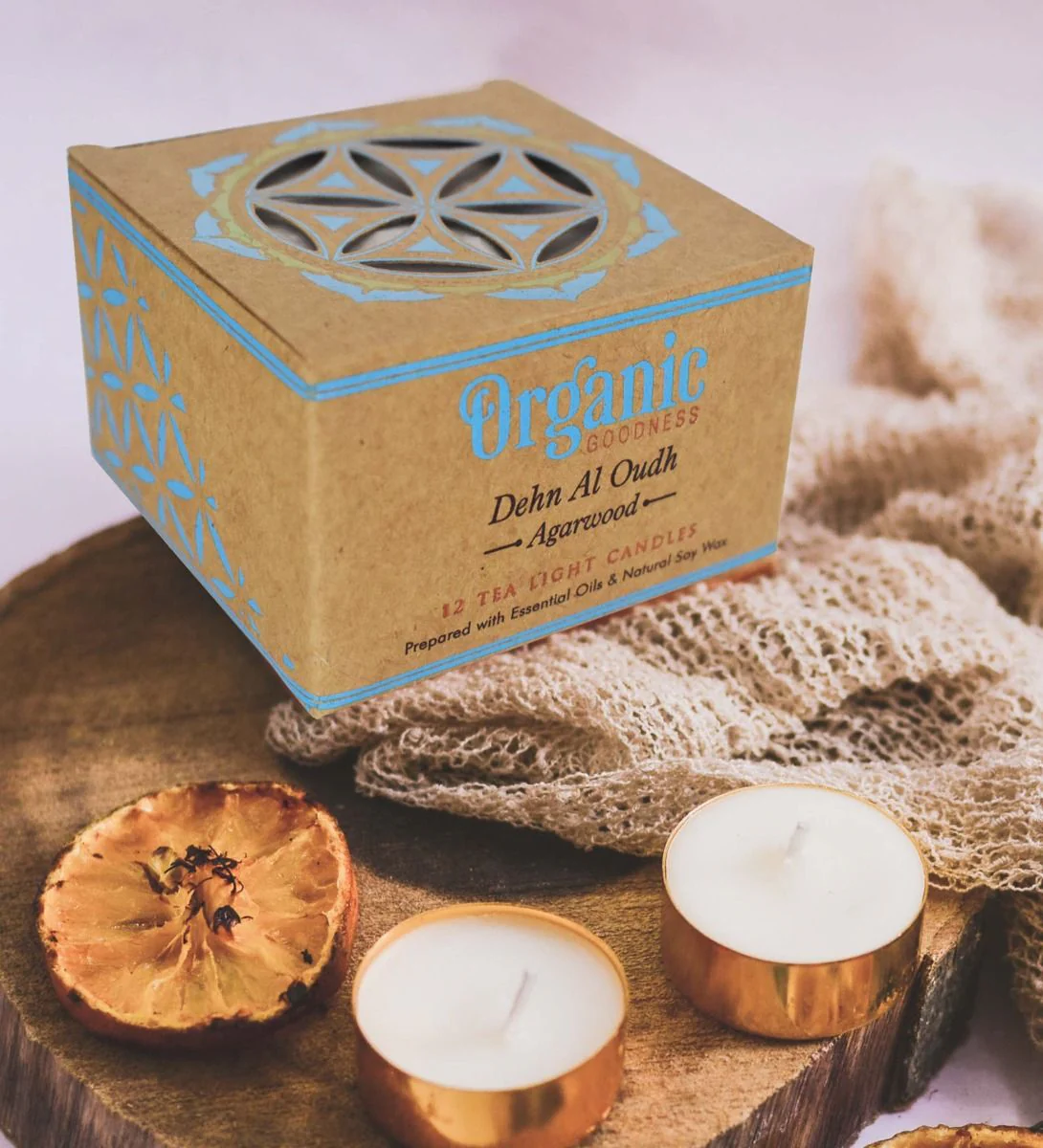 Song of India Organic Goodness Dehn Al Oudh Agarwood 12 Tealight Candles, Luxe Woody Calm