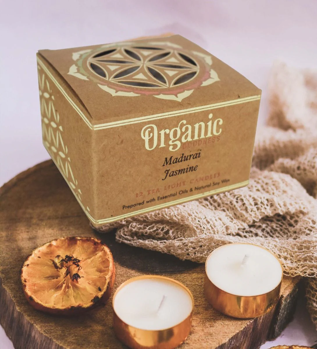 Song Of India Organic Goodness Madurai Jasmine 12 Tealight Candles, Pure Floral Calm