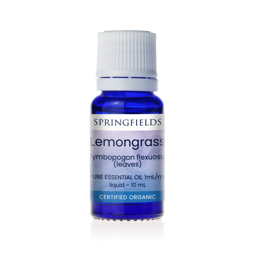 Springfields Aromatherapy Certified Organic Essential Oil; Lemongrass 10mL Or 20mL, Massage For Pain Relief