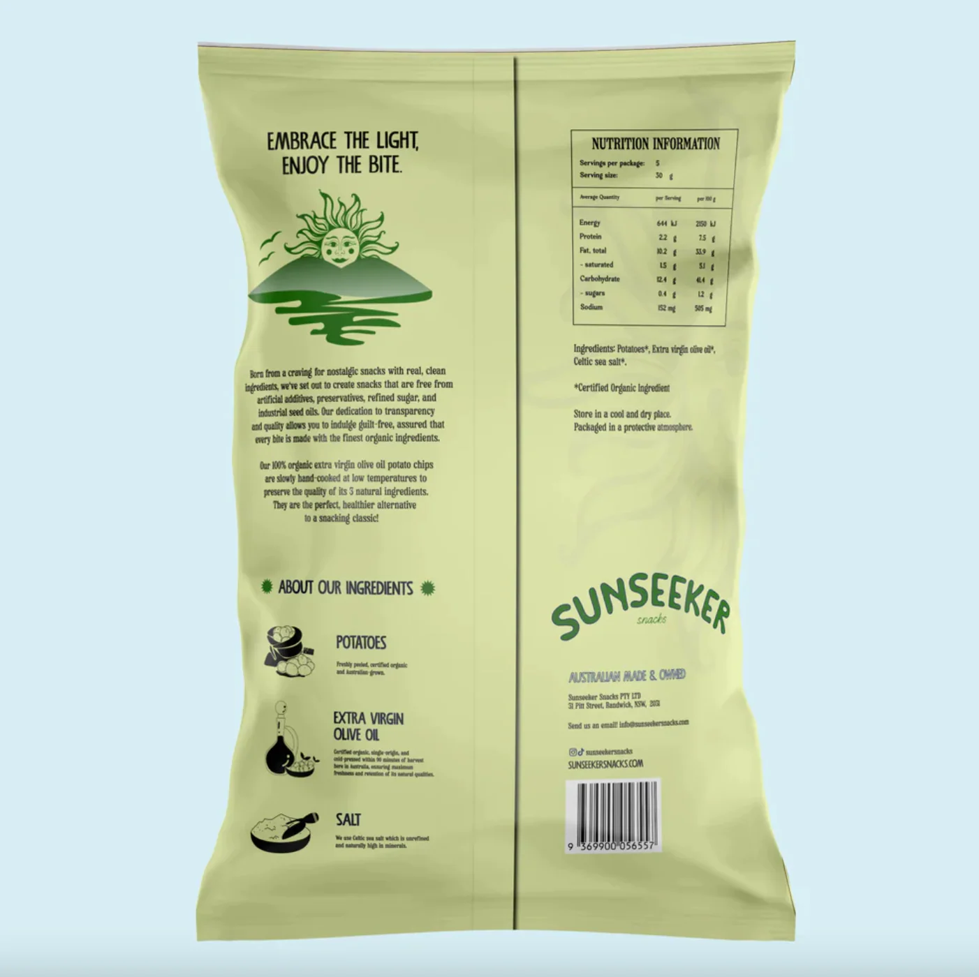 Sunseeker Snacks Organic Extra Virgin Olive Oil Potato Chips 140g, Sprinkled With Celtic Sea Salt - Image 2