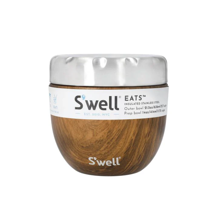 S'well Eats Insulated Stainless Steel Bowl 21.5oz | 636mL With Added Prep Bowl 14oz | 414mL, Teakwood Design - Image 2