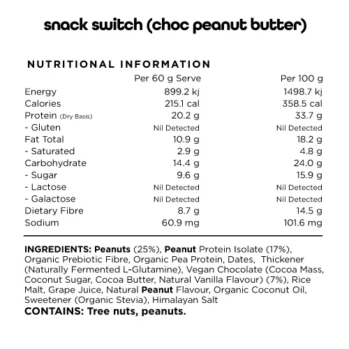 Switch Nutrition Snack Switch 60g, Choc Peanut Butter {Natural, Plant Based, Wholefood Bar} - Image 3