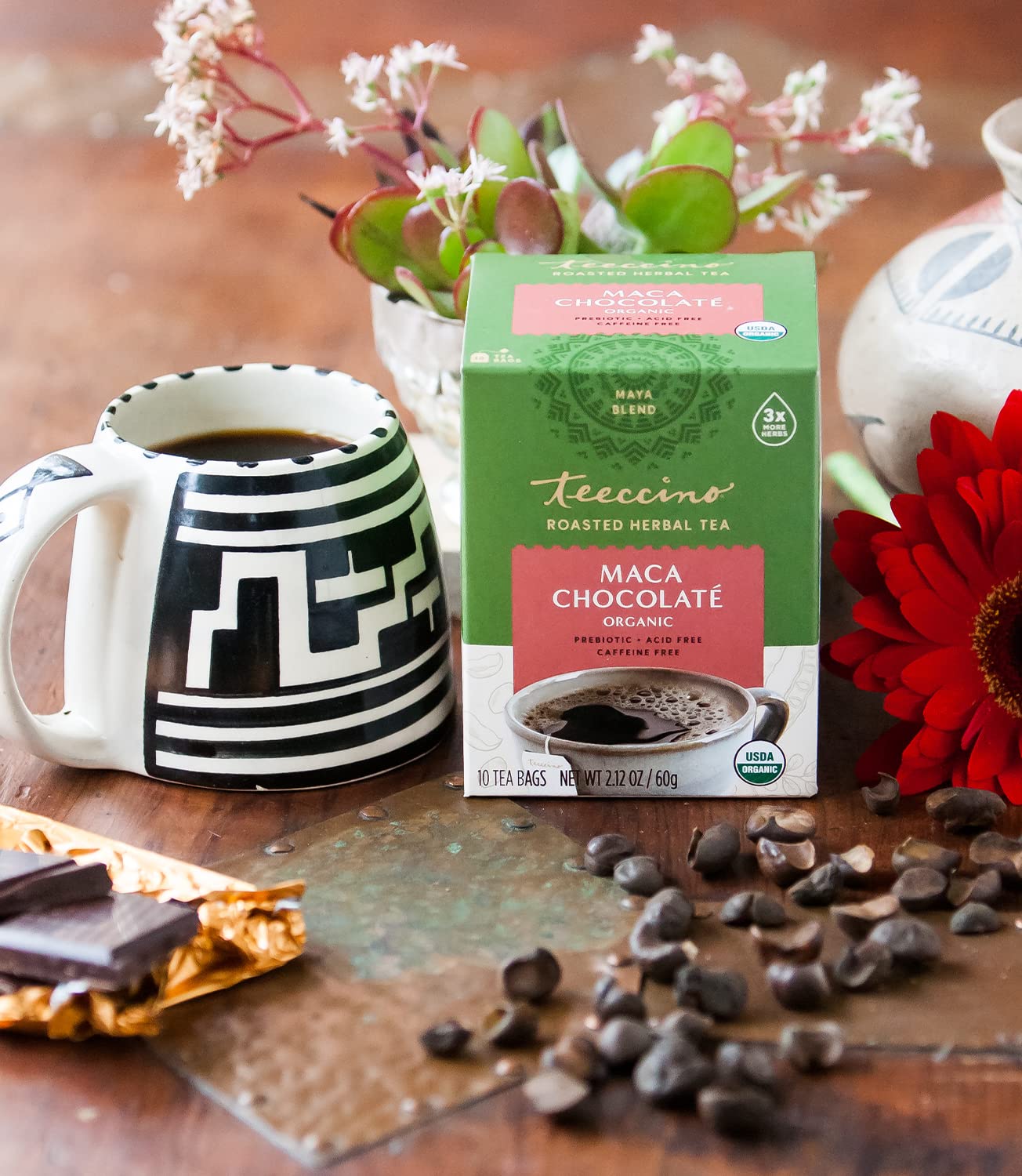 Teeccino Mayan Herbal Tea 10 Tea Bags, Maca Chocolate Flavour Caffeine-Free