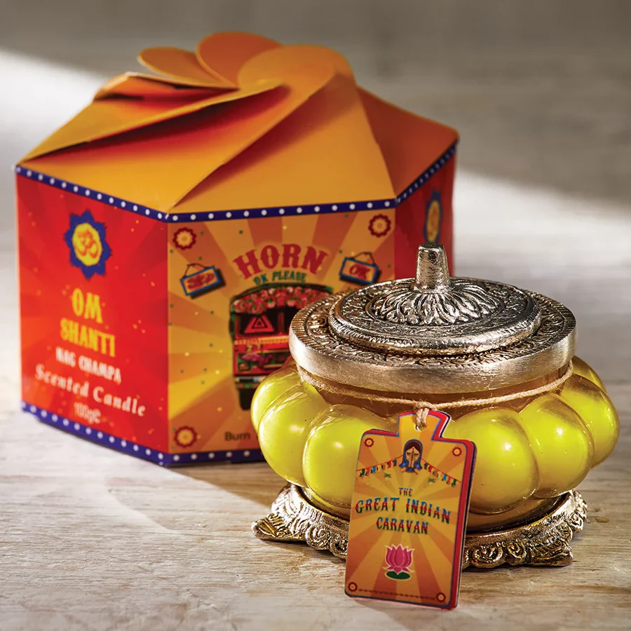 The Great Indian Caravan Handmade Glass Candle, Om Shanti (Nag Champa)
