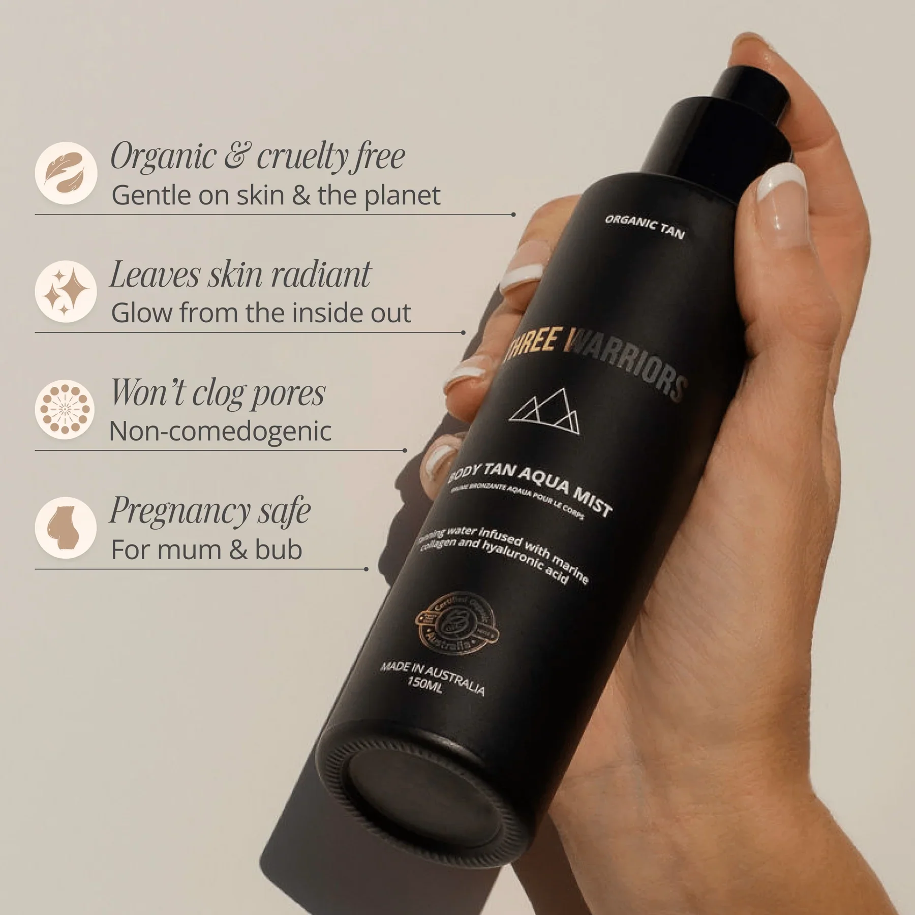 Three Warriors Organic Body Tan Aqua Mist 150mL, Dewy and Natural Glow - Image 4