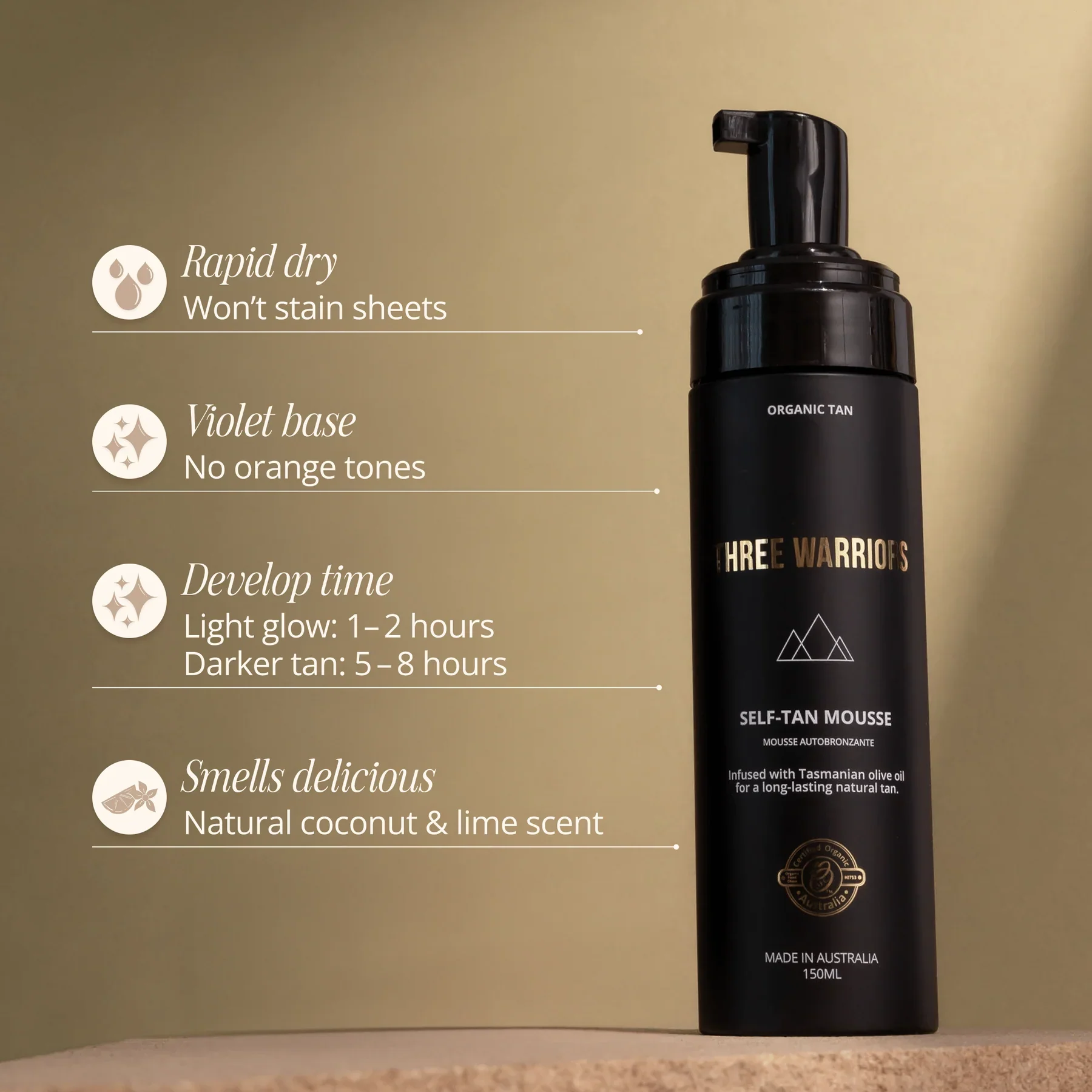 Three Warriors Organic Self-Tan Mousse 150mL, Long Lasting Natural Tan - Image 3