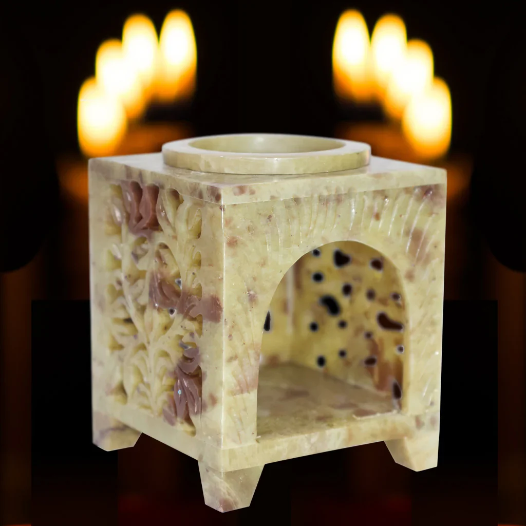 Tinderbox Essential Oil & Incense Burner Square Style With A Round Arch, Carved From Soap Stone