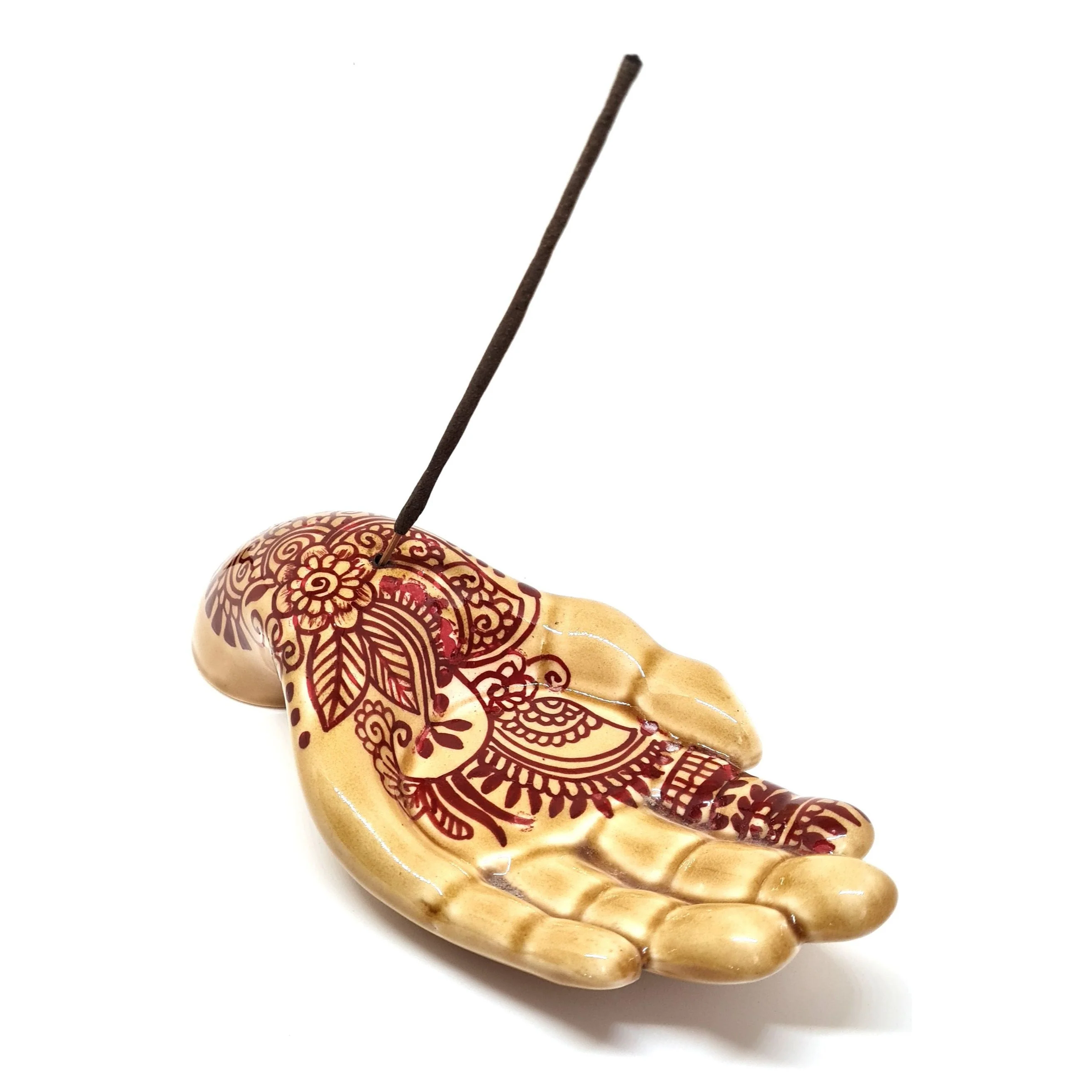 Tulsi Ceramic Henna Hand Incense Holder 23cm, Painted Henna Pattern May Vary