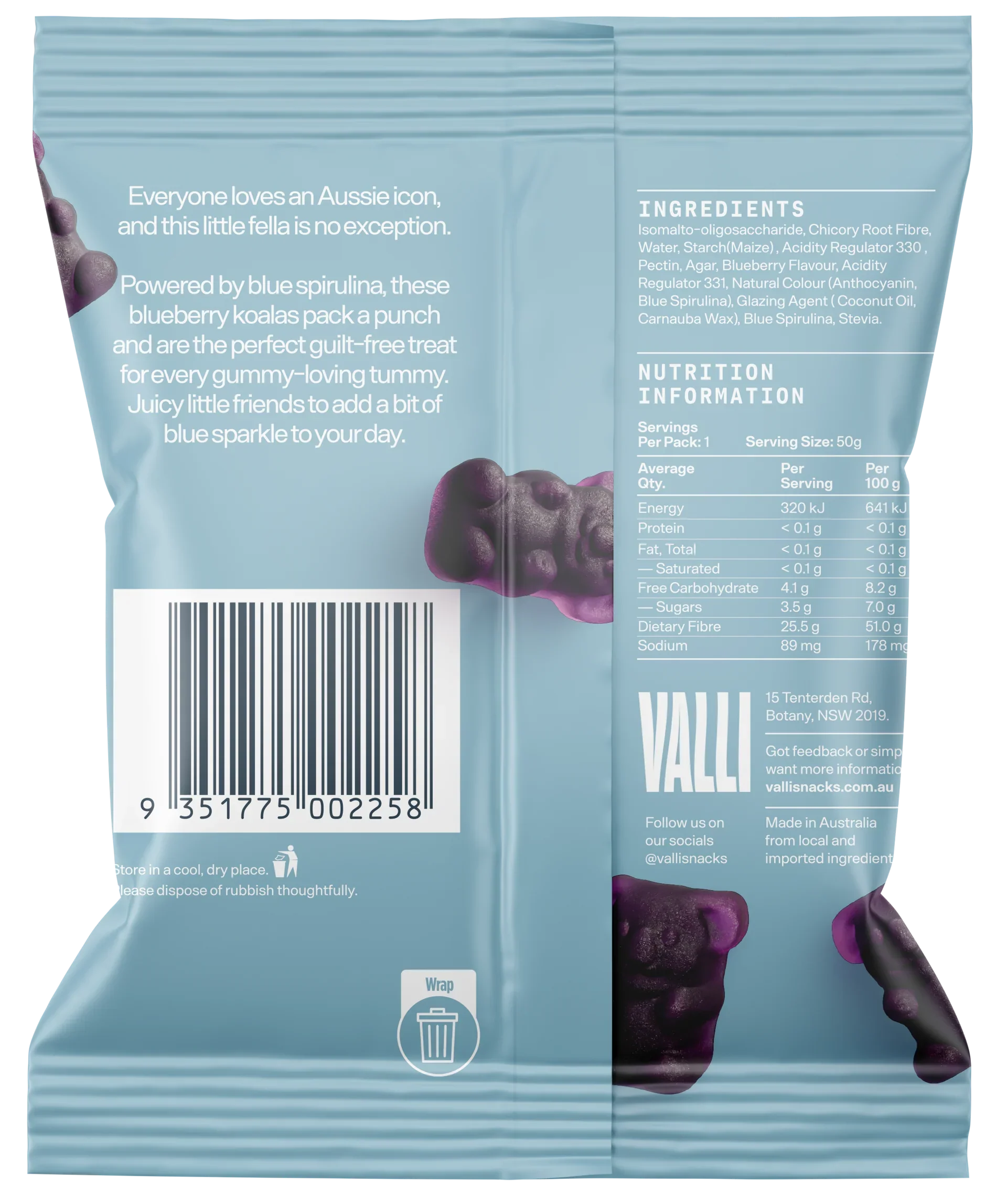 Valli Antioxidant Blueberry Koala Bears With Blue Spirulina 50g, Superfood With NO Added Sugar - Image 2