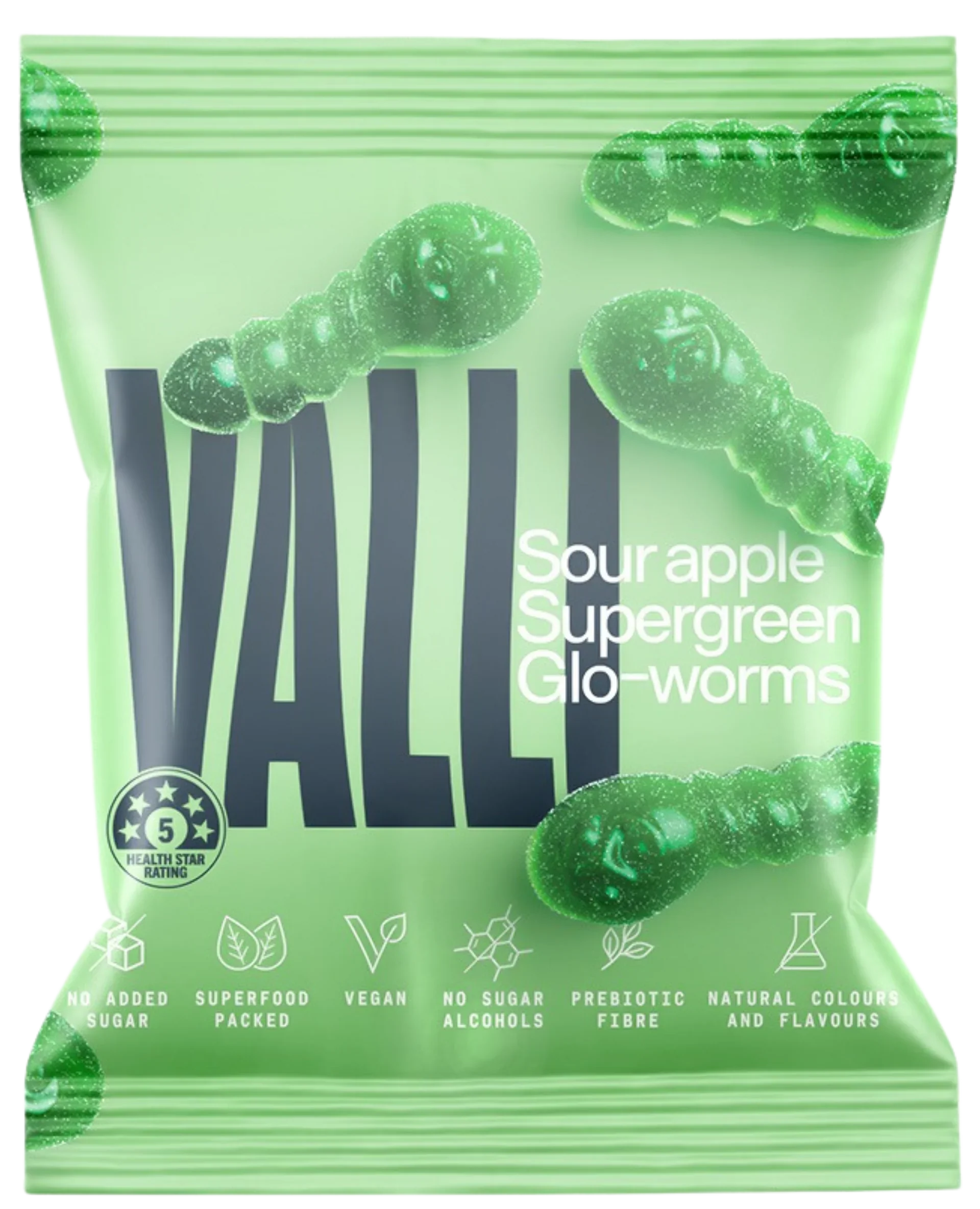 Valli Antioxidant Sour Apple Supergreen Glo-Worms 50g, With Prebiotic Fibre & No Added Sugar