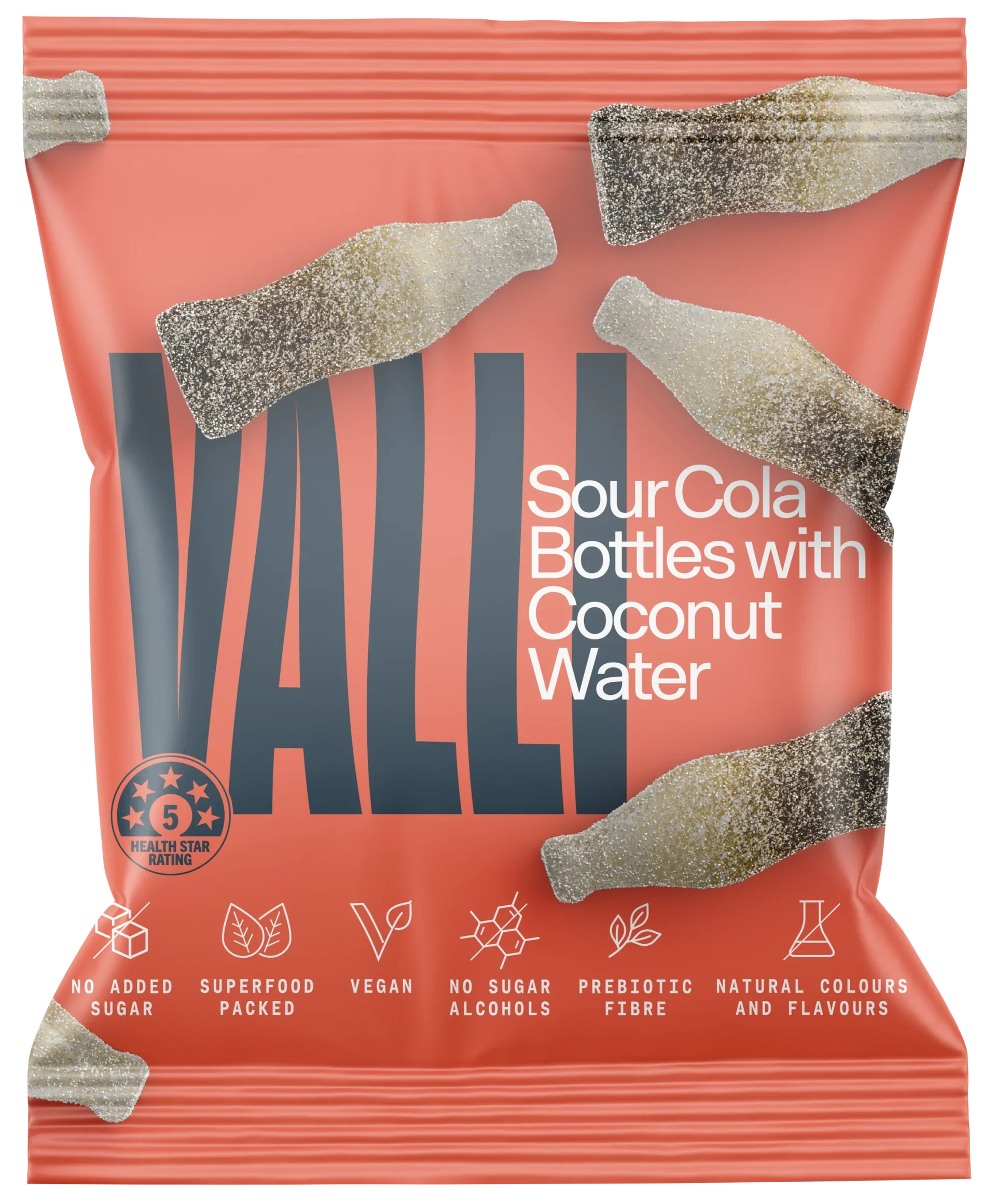 Valli Sour Cola Bottles With Coconut Water 50g, Mini Bottle Zing