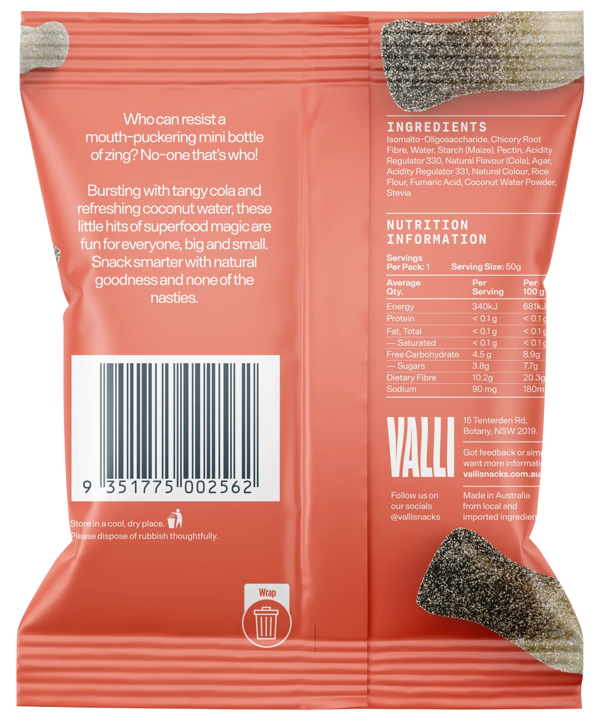 Valli Sour Cola Bottles With Coconut Water 50g, Mini Bottle Zing - Image 2