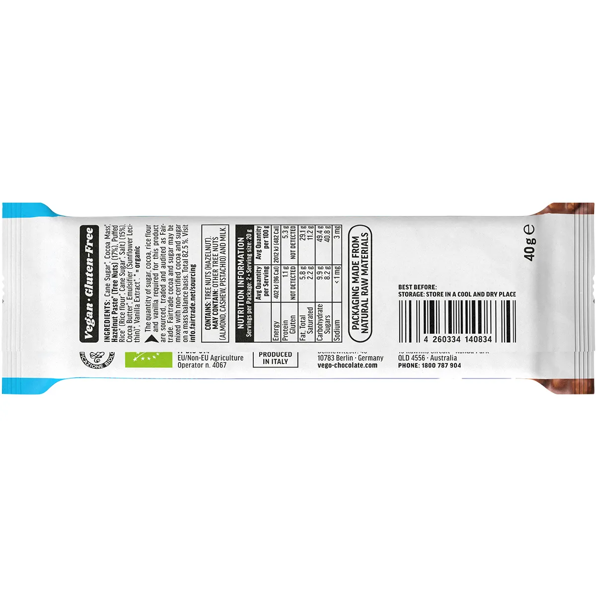 Vego Certified Organic Crisp Chocolate Bar 40g, Creamy Chocolate & Rice Crisps - Image 2