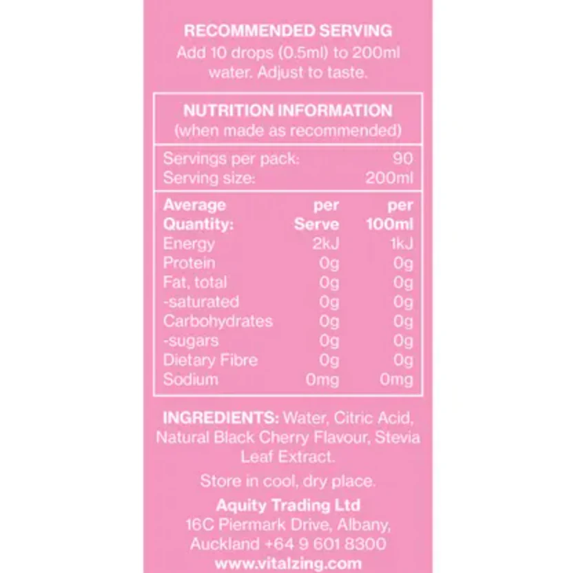 Vital Zing Flavour Enhancer Black Cherry Water Drops 45mL, Sugar & Colouring Free - Image 3