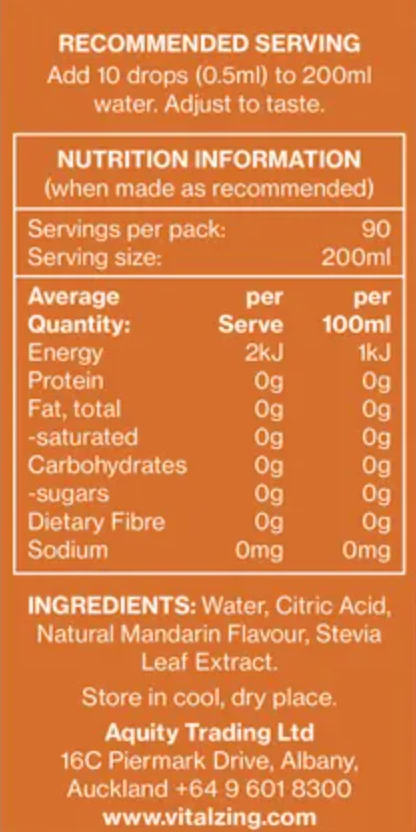 Vital Zing Flavour Enhancer Mandarin Water Drops 45mL, Sugar & Colouring Free - Image 3
