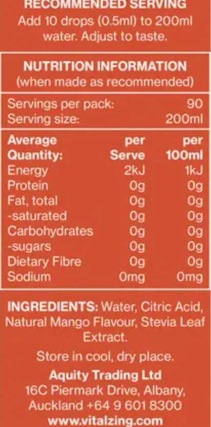 Vital Zing Flavour Enhancer Mango Water Drops 45mL, Sugar & Colouring Free - Image 3