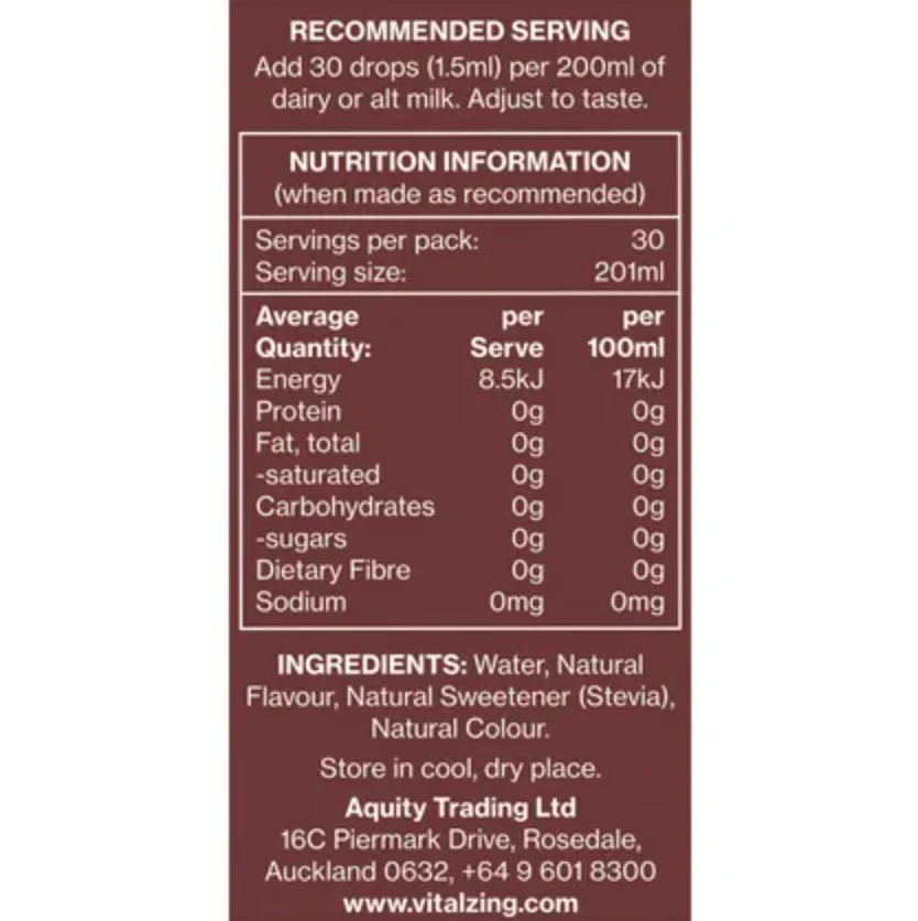 Vital Zing Natural Flavouring Chocolate Milk Drops 40mL, Sugar & Carb Free - Image 2