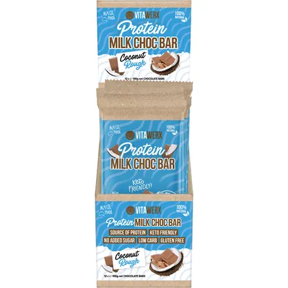 Vitawerx Protein Milk Chocolate Coconut Rough Bar Single 100g Or A Box of 12, Low Carb & Low Sugar - Image 2