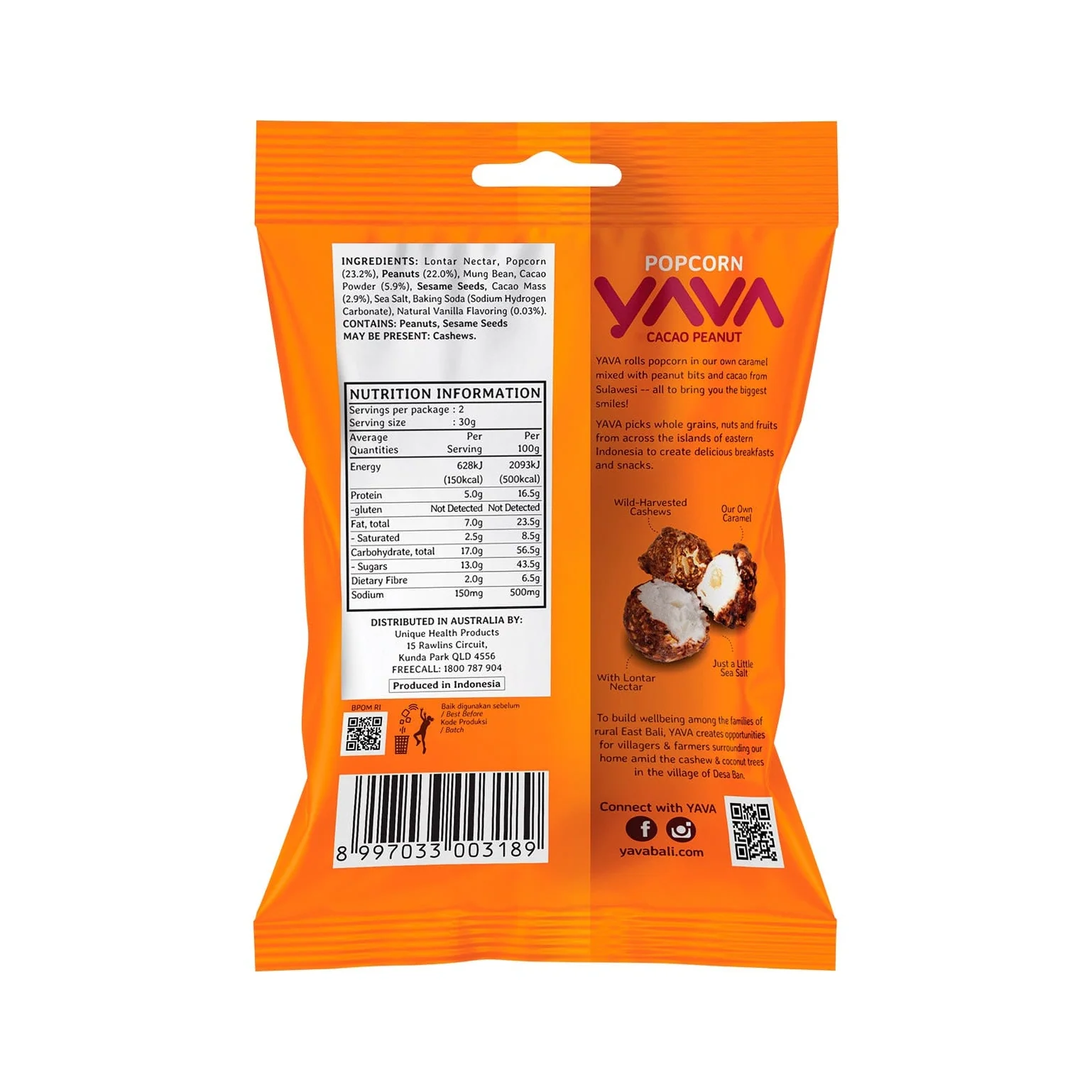 Yava Popcorn Cacao Peanut Flavour 60g, Rolled & Popped In Your Favourite Favours - Image 2