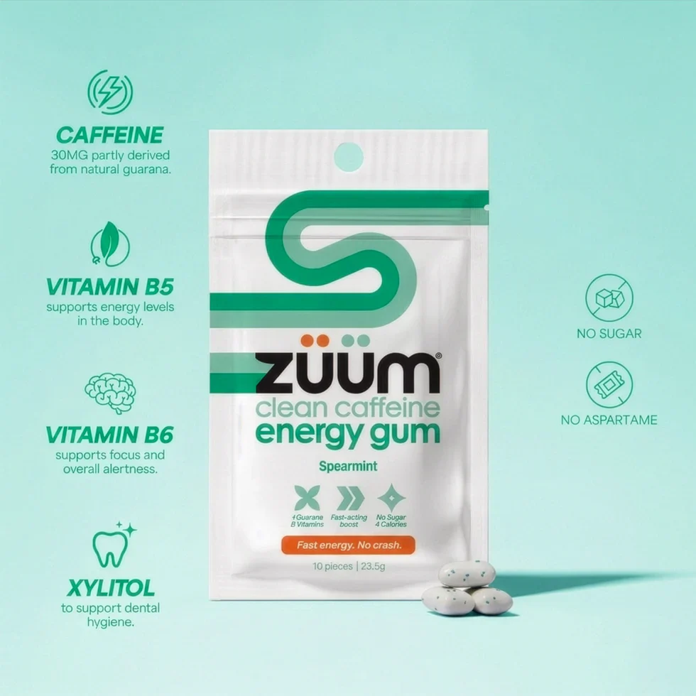 Zuum Clean Caffeine Energy Gum 10 Pieces 23.5g Or A Carton Of 16, Spearmint Flavour - Image 2
